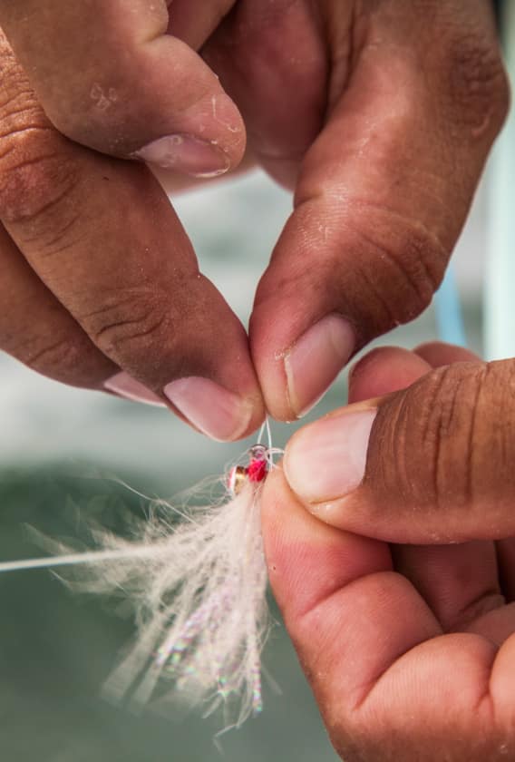 Hands preparing bait for fly fishing, showcasing essential tying techniques.
