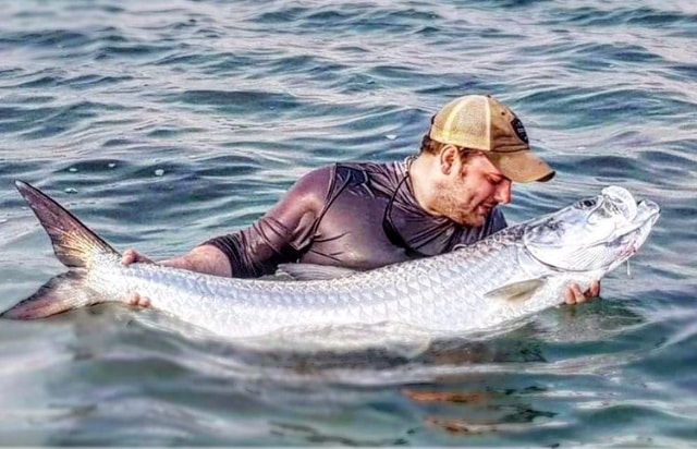Man in water proudly displaying a giant tarpon fish.