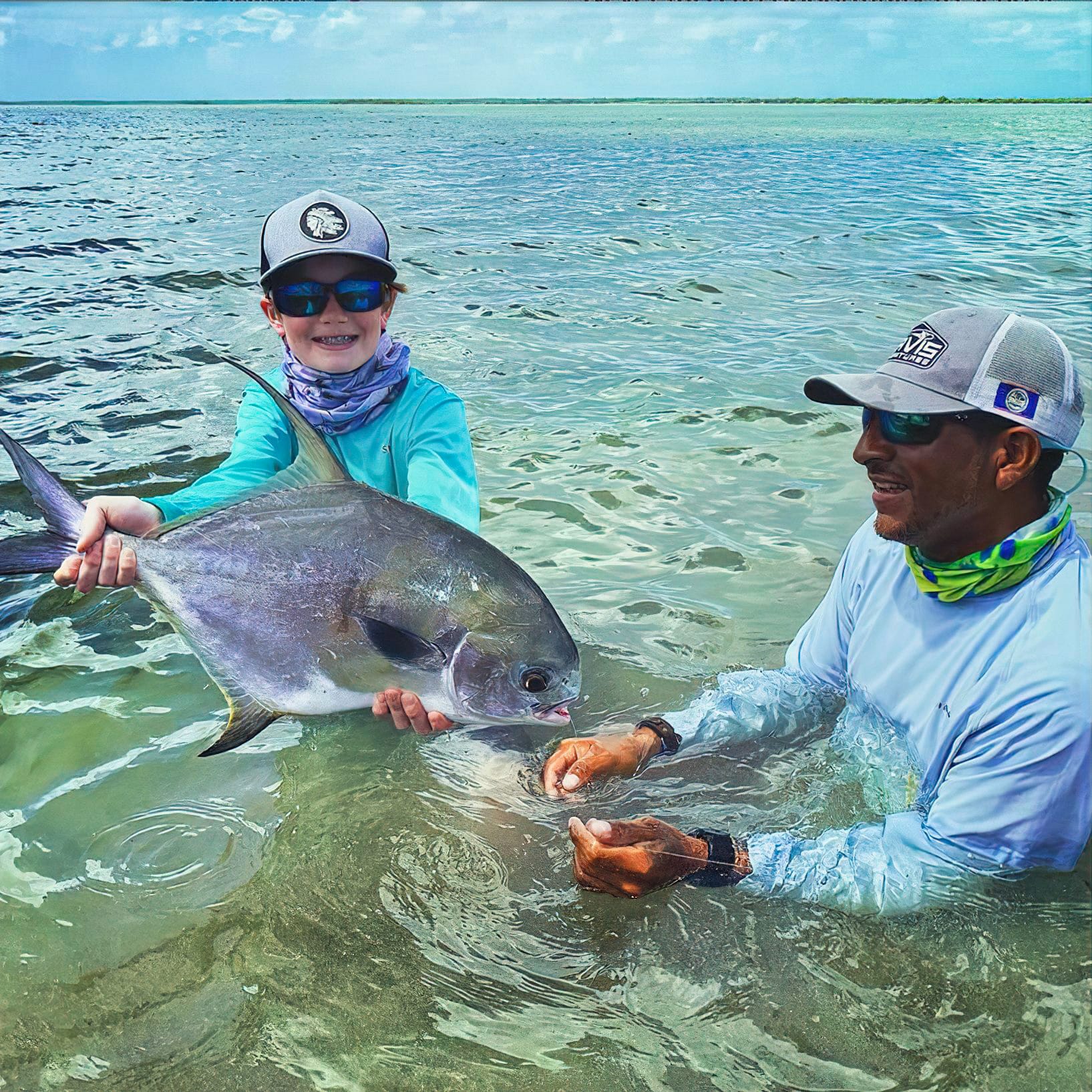 Young angler joyfully displays a large fish, guided by an experienced mentor.