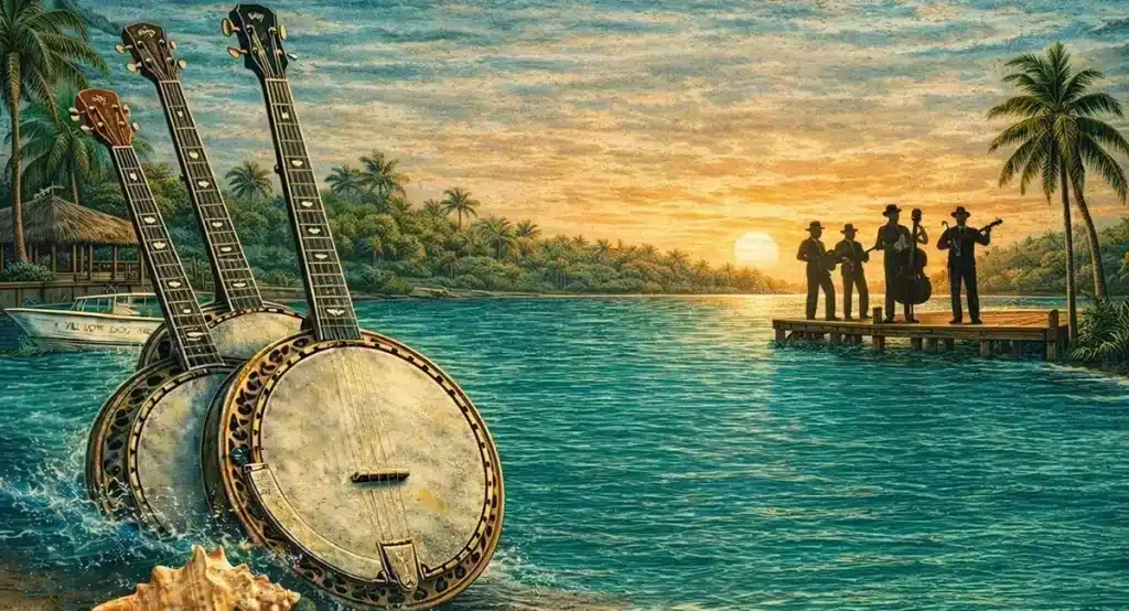 Belize Bluegrass 2026 artwork with banjos over the water at El Pescador Lodge