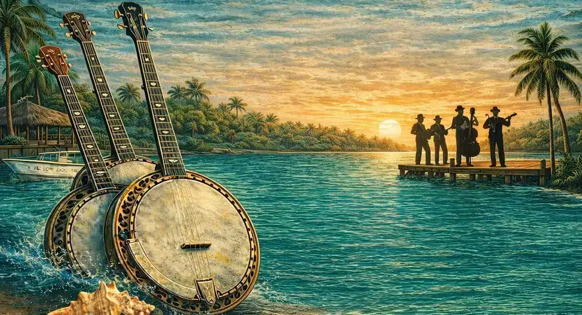 Belize Bluegrass 2026 artwork with banjos over the water at El Pescador Lodge