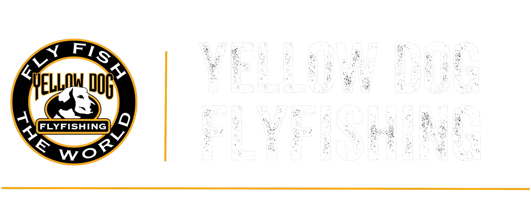 Yellow Dog Flyfishing logo with Fly Fish The World tagline
