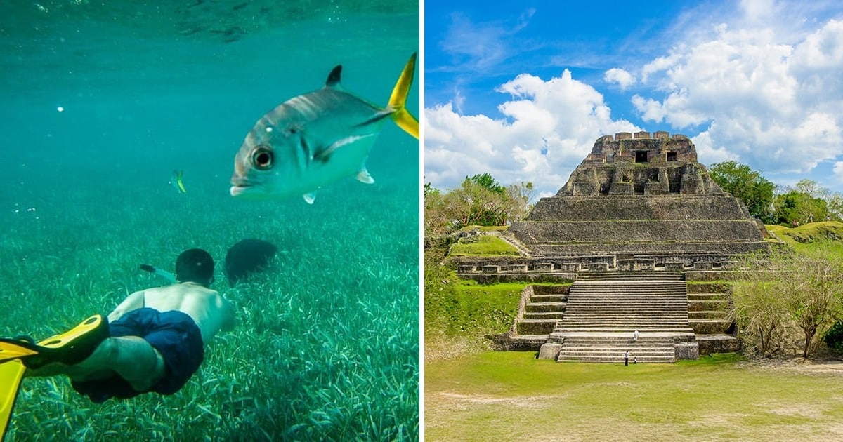Split image showing snorkeling and Xunantunich Maya ruins for the Belize Reef and Ruins Adventure package